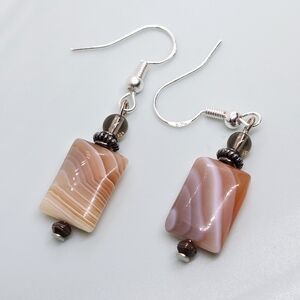 Vintage Gemstone Pink To Tan Nature Stones Earrings In Silver 925 Hooks